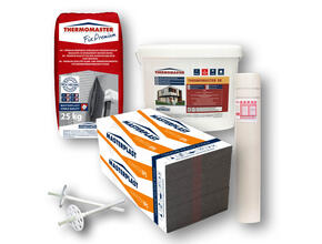 Isomaster grafitos EPS, Thermomaster Fix Prémium ragasztó, Masternet üvegháló, Thermomaster dűbel, Thermomster Univerzális alapozó és szilikon vakolat