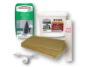 Masterwool S F kőzetgyapot  Thermomaster Rock fix ragasztó, Masternet üvegháló, Thermomaster D-H fémszeges dűbel, Thermomaster Szilikon vakolat