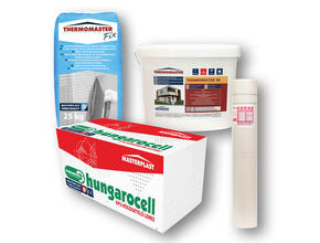 Hungarocell EPS, Thermomaster Fix ragasztó, Masternet üvegháló, Thermomster Univerzális alapozó és szilikon vakolat