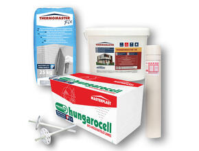 Hungarocell EPS, Thermomaster Fix ragasztó, Masternet üvegháló, Thermomaster dűbel, Thermomster Univerzális alapozó és szilikon vakolat